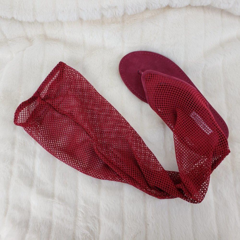 Wine Fish Net Thigh High Thong Flat Sandal Boots_6